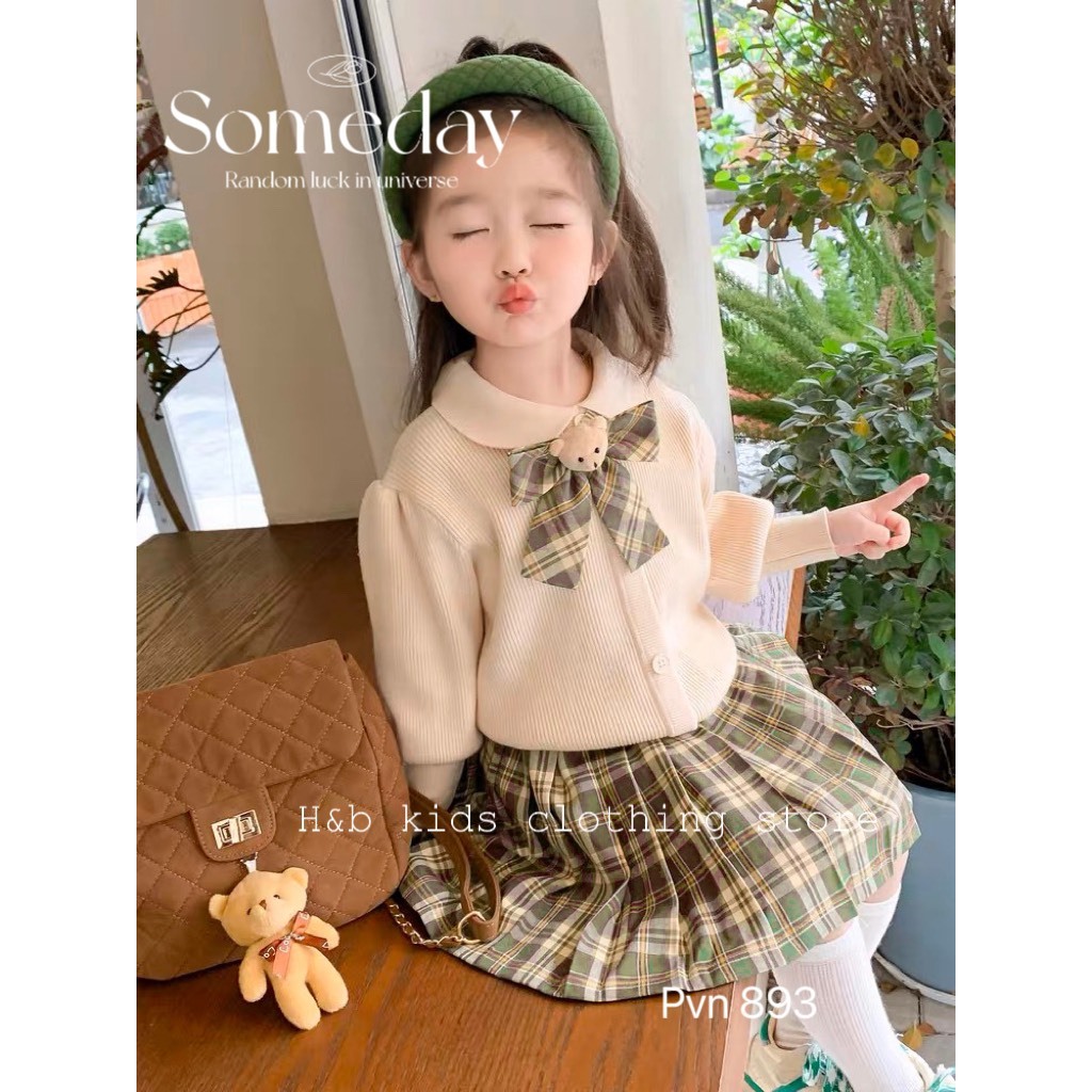 Set áo nơ - chân váy 3 chi tiết cho bé gái 10-30kg mùa thu đông