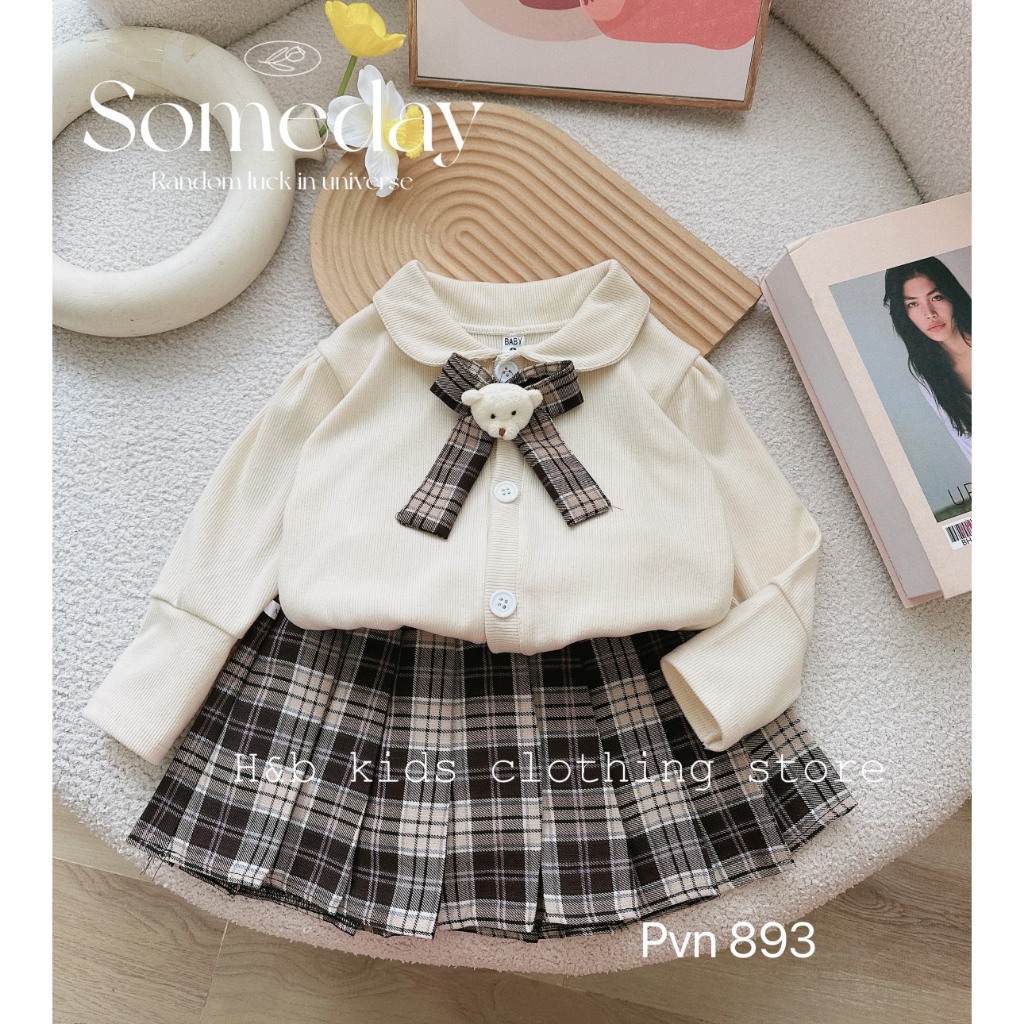 Set áo nơ - chân váy 3 chi tiết cho bé gái 10-30kg mùa thu đông