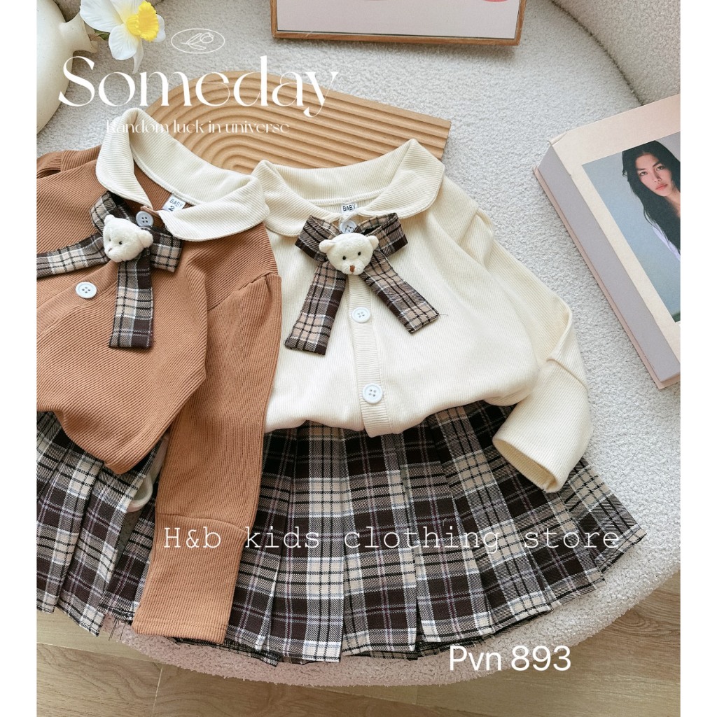 Set áo nơ - chân váy 3 chi tiết cho bé gái 10-30kg mùa thu đông