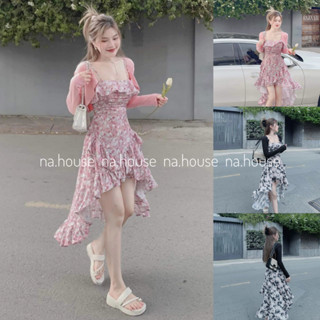 Đầm hoa nhí 2 dây dáng dài kèm áo khoác đi chơi đi biển Nahouse set váy đuôi tôm màu hồng đen thiết kế đẹp xinh xịn sang