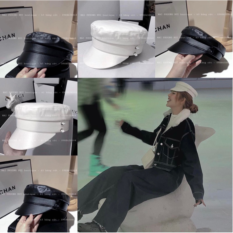 Mũ kepi da trơn đen trắng cho nữ