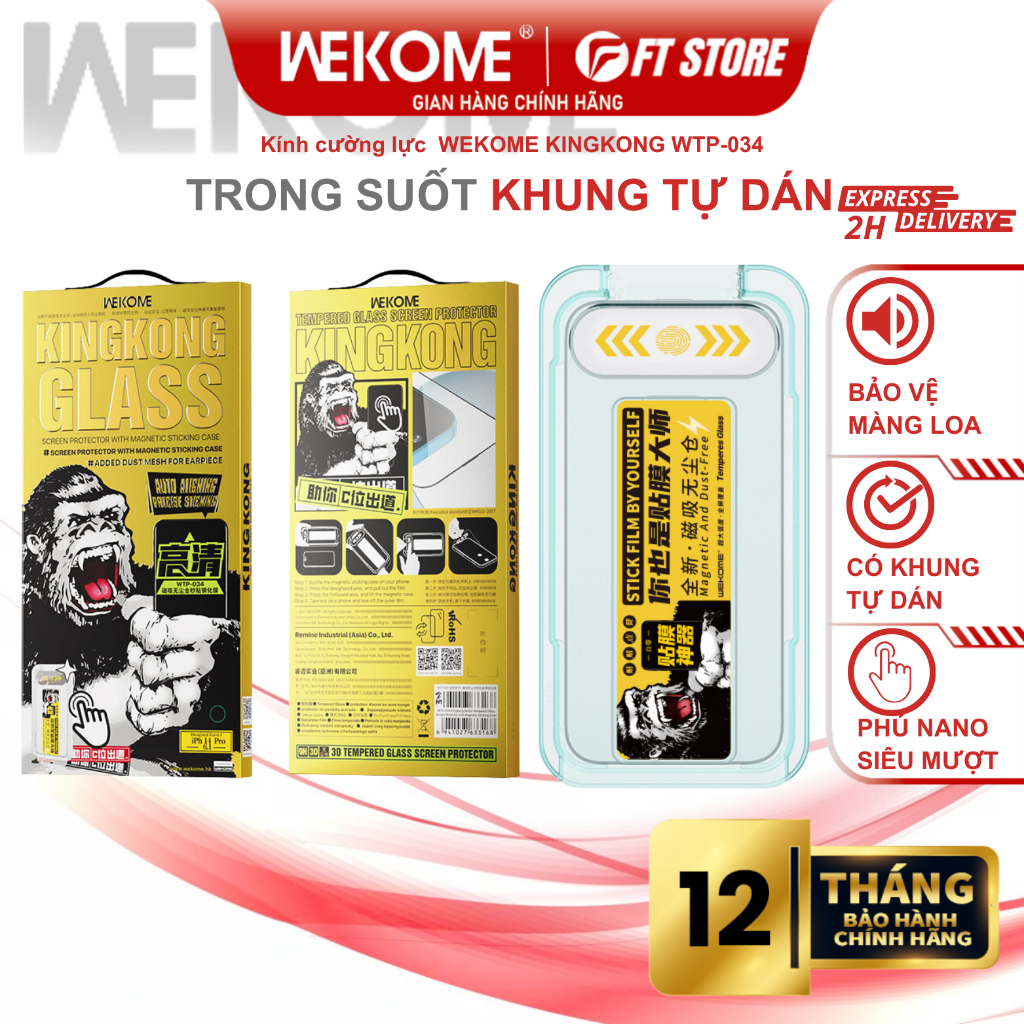 Kính Cường lực KINGKONG WEKOME WTP-034 tự dán, full màn, chống bụi màn loa, siêu cứng, chống bám vâng tay - CHÍNH HÃNG