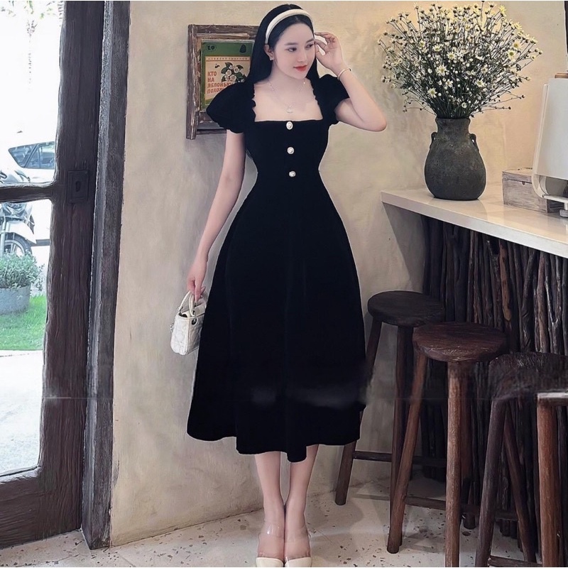 Váy thiết kế đầm nhung đen trễ vai tay day dài váy xòe dưới gối dáng váy chữ A Kemi