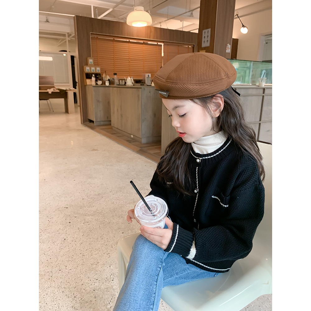 Aó Bé Gái Cadigan Len Dệt kim Mùa Thu Đông,Phong Cách Tiểu Thư Màu Đen, Hãng Ambb Kids