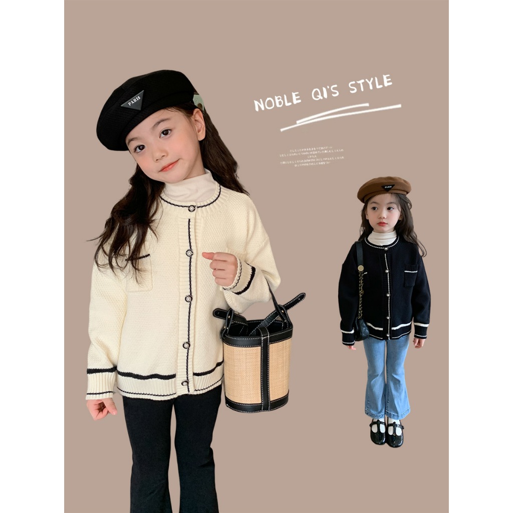 Aó Bé Gái Cadigan Len Dệt kim Mùa Thu Đông,Phong Cách Tiểu Thư Màu Đen, Hãng Ambb Kids
