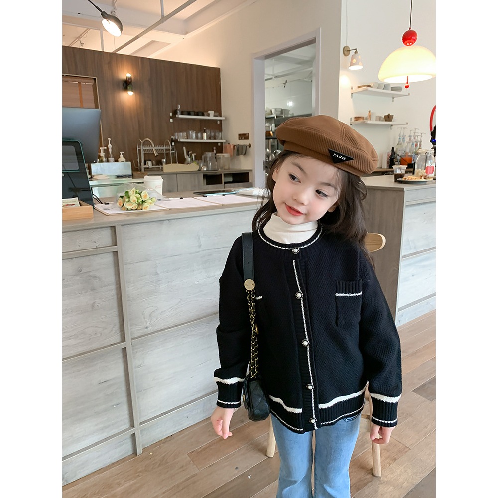 Aó Bé Gái Cadigan Len Dệt kim Mùa Thu Đông,Phong Cách Tiểu Thư Màu Đen, Hãng Ambb Kids