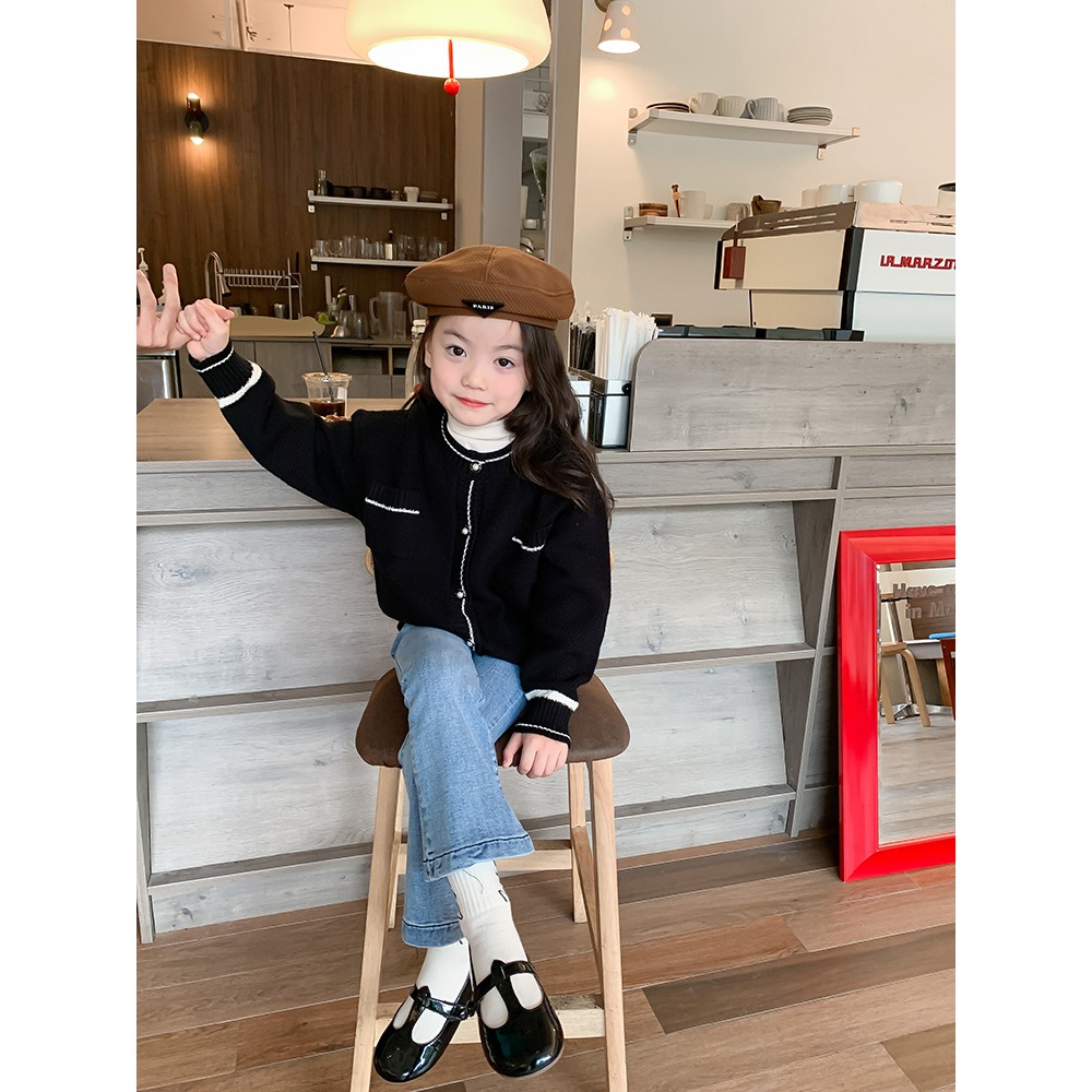 Aó Bé Gái Cadigan Len Dệt kim Mùa Thu Đông,Phong Cách Tiểu Thư Màu Đen, Hãng Ambb Kids