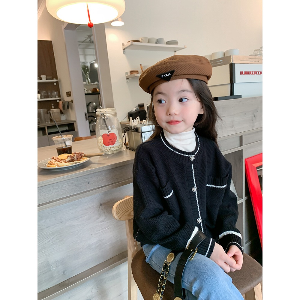 Aó Bé Gái Cadigan Len Dệt kim Mùa Thu Đông,Phong Cách Tiểu Thư Màu Đen, Hãng Ambb Kids
