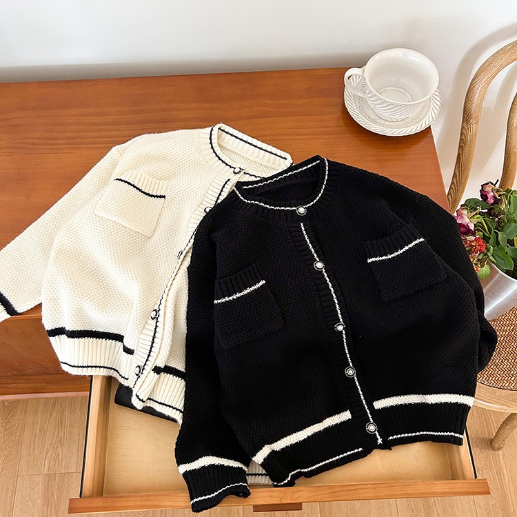 Aó Bé Gái Cadigan Len Dệt kim Mùa Thu Đông,Phong Cách Tiểu Thư Màu Đen, Hãng Ambb Kids