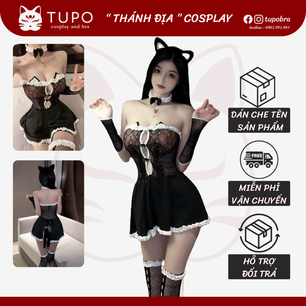 Cosplay mèo lưới đen anime sexy gợi cảm full phụ kiện