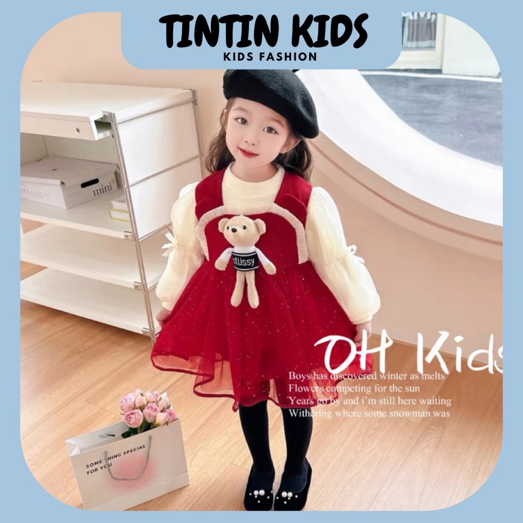 Set Váy Bé Gái 2 Chi Tiết Kèm Gấu, Váy Cho Bé 2 Lớp 7-18kg