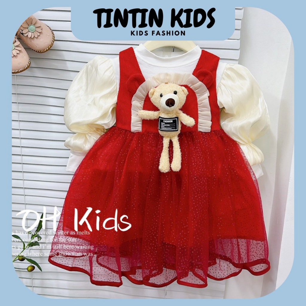 Set Váy Bé Gái 2 Chi Tiết Kèm Gấu, Váy Cho Bé 2 Lớp 7-18kg