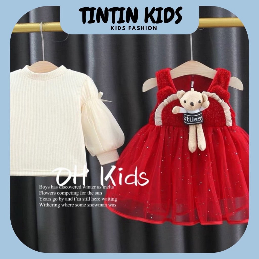 Set Váy Bé Gái 2 Chi Tiết Kèm Gấu, Váy Cho Bé 2 Lớp 7-18kg