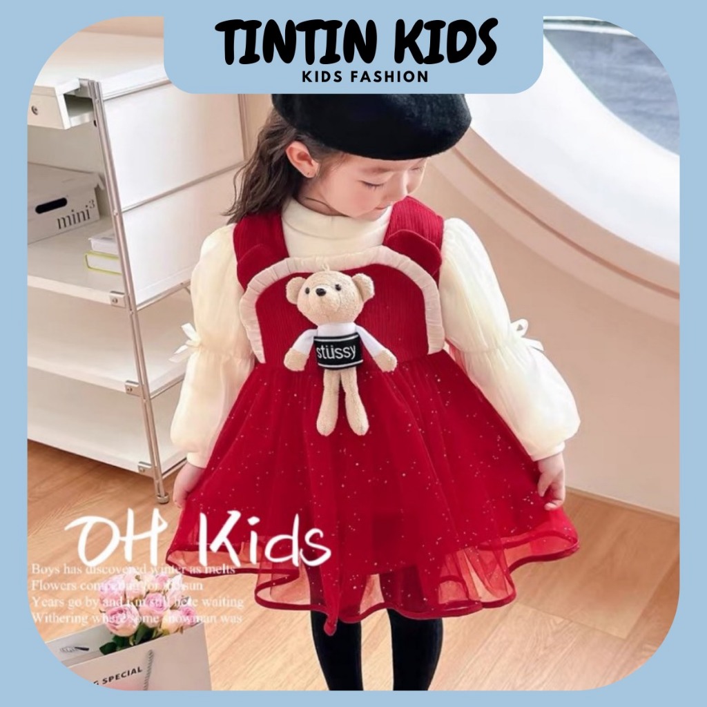 Set Váy Bé Gái 2 Chi Tiết Kèm Gấu, Váy Cho Bé 2 Lớp 7-18kg