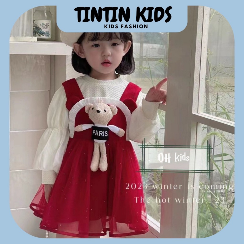 Set Váy Bé Gái 2 Chi Tiết Kèm Gấu, Váy Cho Bé 2 Lớp 7-18kg