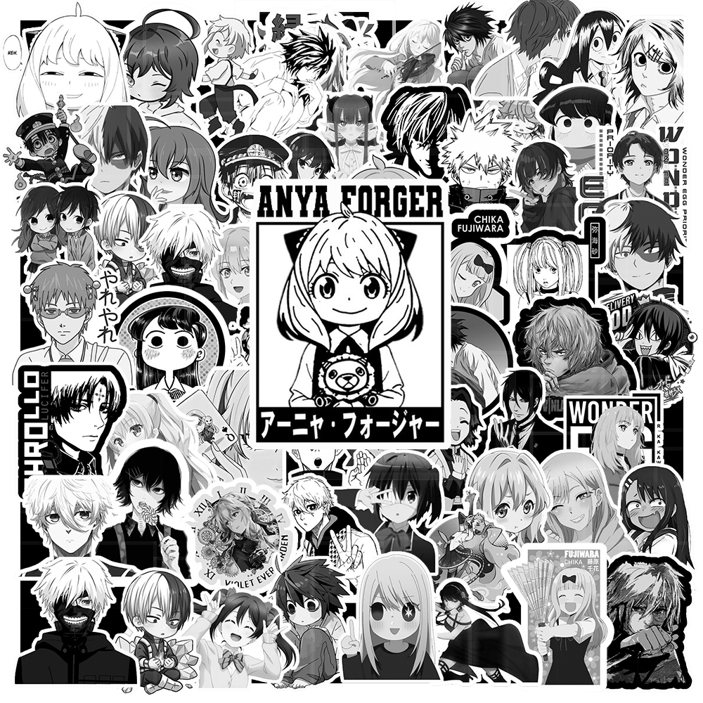 Set 200 / 100 / 50 Miếng Dán Sticker Hình Anime Màu Trắng Đen - Dùng Trang Trí Laptop / Ipad | MS: 00032
