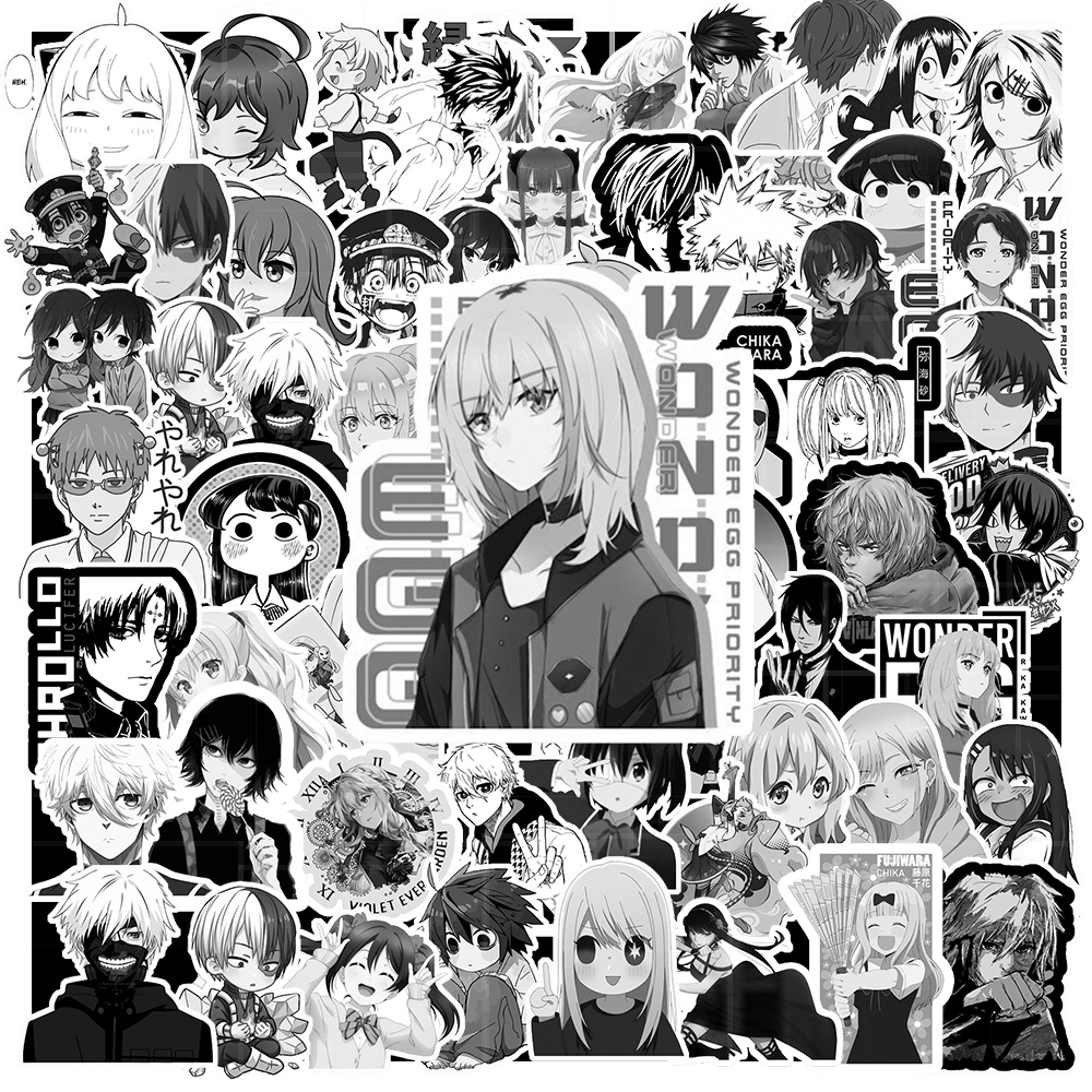Set 200 / 100 / 50 Miếng Dán Sticker Hình Anime Màu Trắng Đen - Dùng Trang Trí Laptop / Ipad | MS: 00032