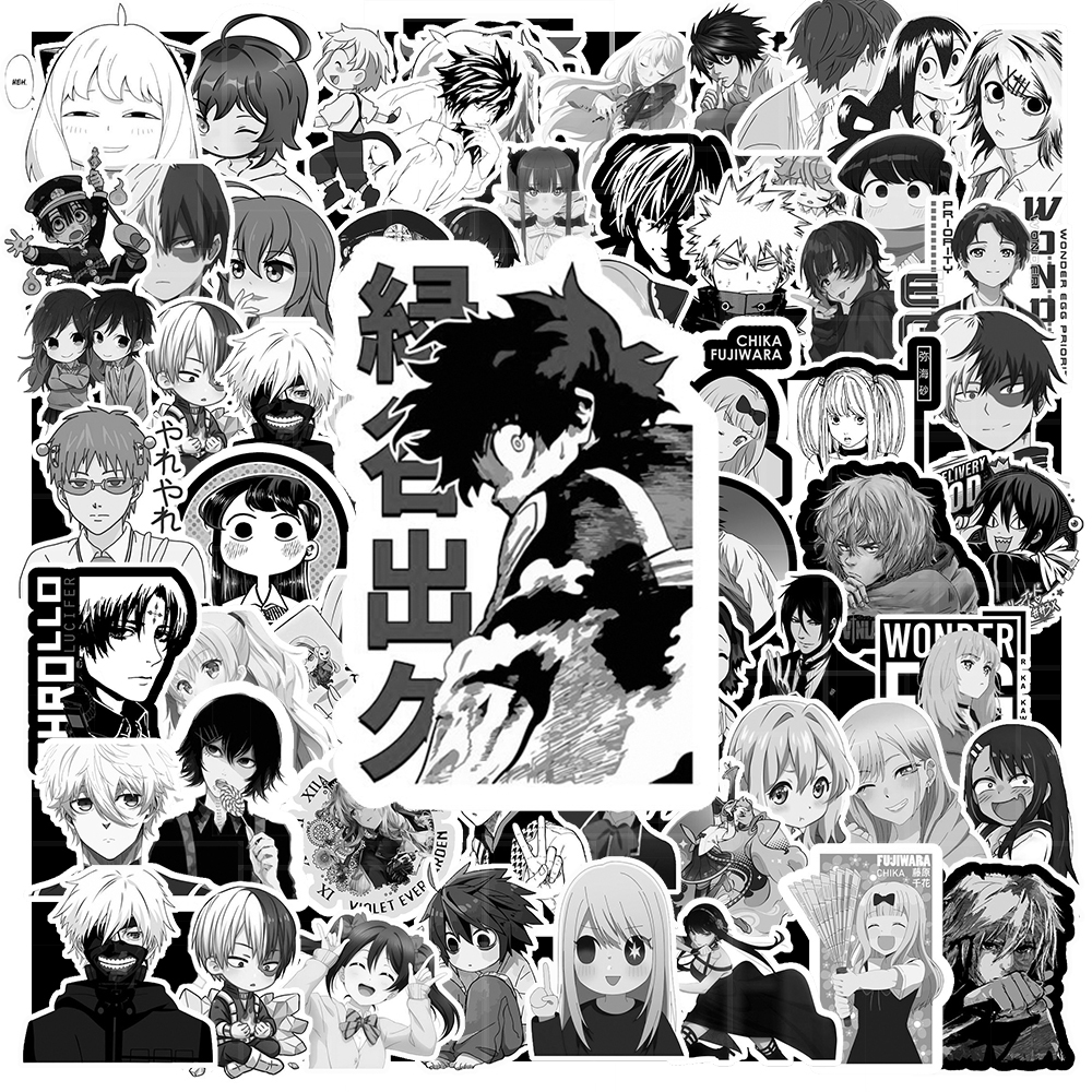 Set 200 / 100 / 50 Miếng Dán Sticker Hình Anime Màu Trắng Đen - Dùng Trang Trí Laptop / Ipad | MS: 00032
