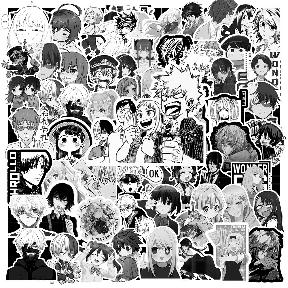 Set 200 / 100 / 50 Miếng Dán Sticker Hình Anime Màu Trắng Đen - Dùng Trang Trí Laptop / Ipad | MS: 00032