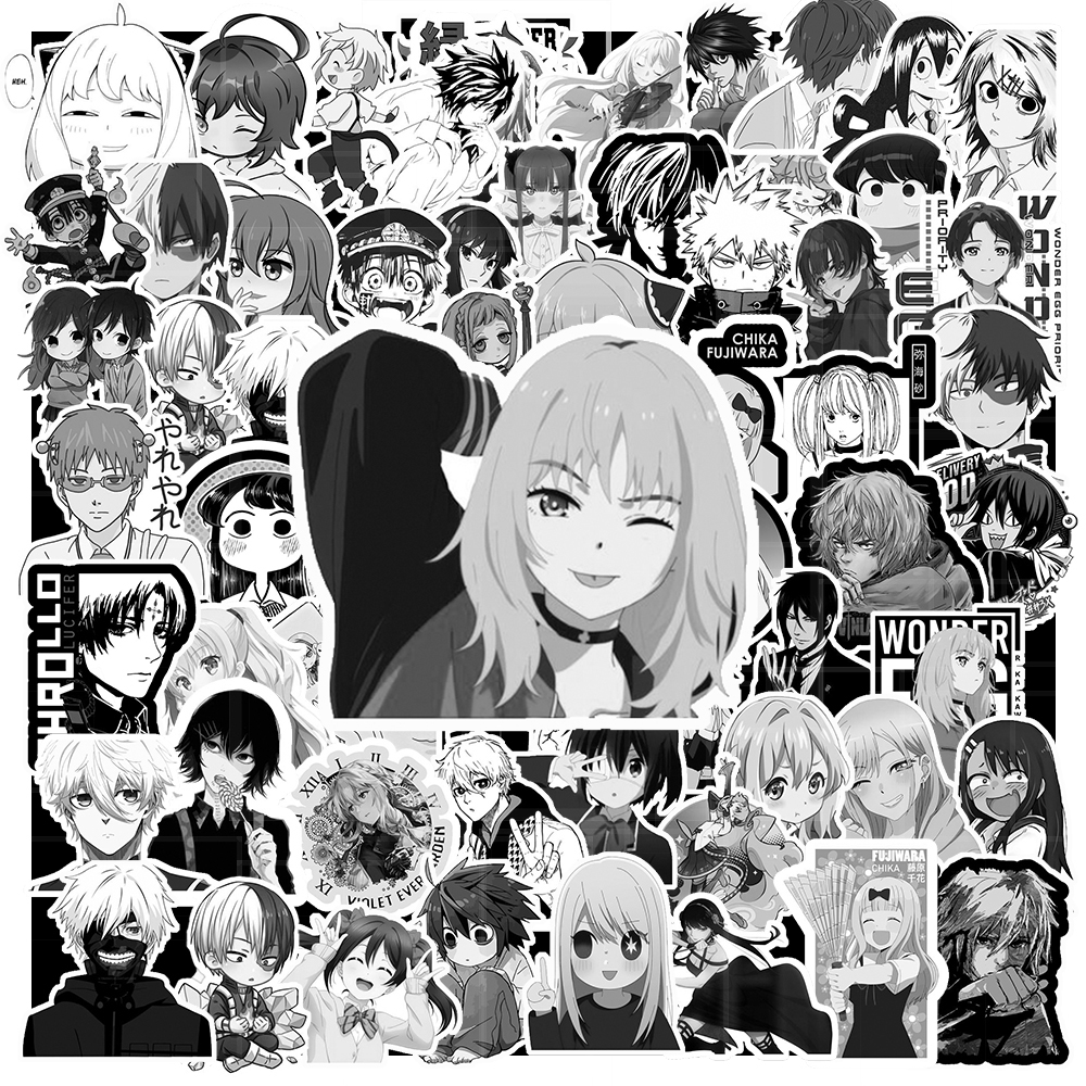 Set 200 / 100 / 50 Miếng Dán Sticker Hình Anime Màu Trắng Đen - Dùng Trang Trí Laptop / Ipad | MS: 00032