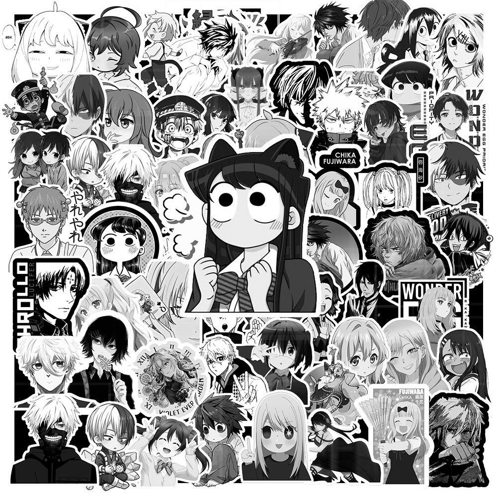 Set 200 / 100 / 50 Miếng Dán Sticker Hình Anime Màu Trắng Đen - Dùng Trang Trí Laptop / Ipad | MS: 00032