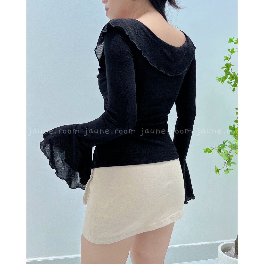 Áo thun kiểu tay dài viền bèo JAUNE thiết kế tua rua gợn sóng- MILA TOP