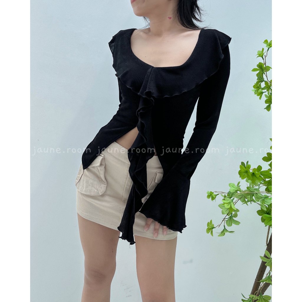 Áo thun kiểu tay dài viền bèo JAUNE thiết kế tua rua gợn sóng- MILA TOP