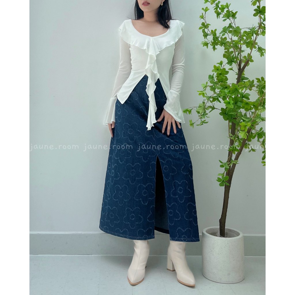 Áo thun kiểu tay dài viền bèo JAUNE thiết kế tua rua gợn sóng- MILA TOP