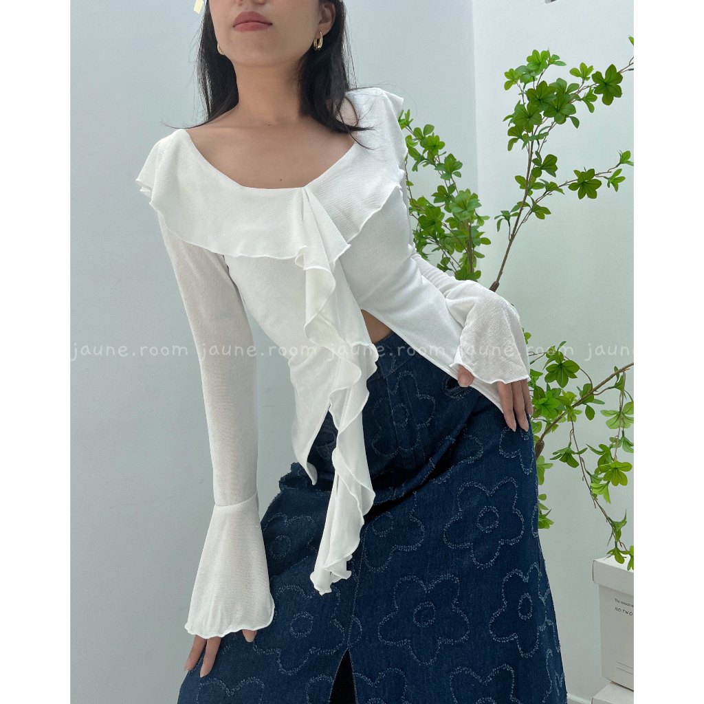 Áo thun kiểu tay dài viền bèo JAUNE thiết kế tua rua gợn sóng- MILA TOP