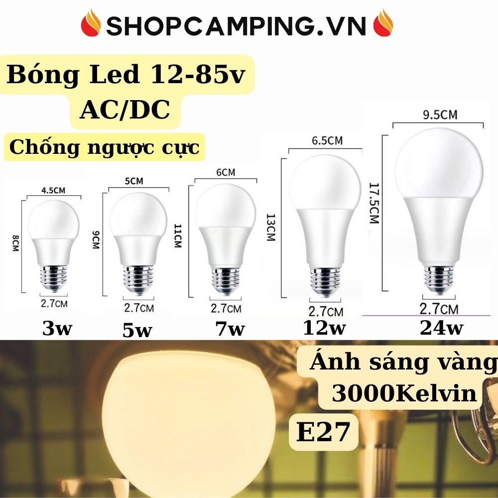 Bóng đèn led 12v 24v ánh sáng vàng vỏ nhựa, bóng led vàng dã ngoại cắm trại - Camping VietNam