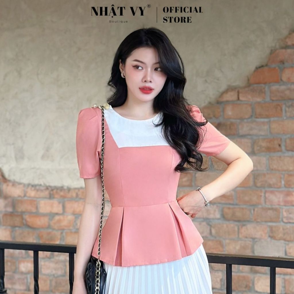 Áo peplum công sở Nhật Vy cổ tròn tay ngắn đính cúc cách điệu chất lụa phù hợp đi chơi dạo phố - D2776