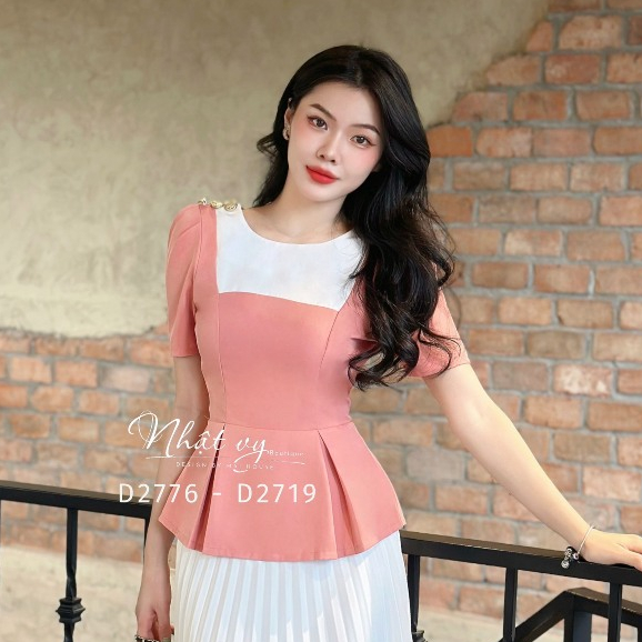 Áo peplum công sở Nhật Vy cổ tròn tay ngắn đính cúc cách điệu chất lụa phù hợp đi chơi dạo phố - D2776