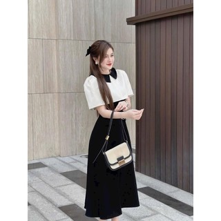 Đầm tiểu thư nữ đi tiệc chất TAPTA phối trắng, đầm xòe cổ bèo đi chơi dạo phố
