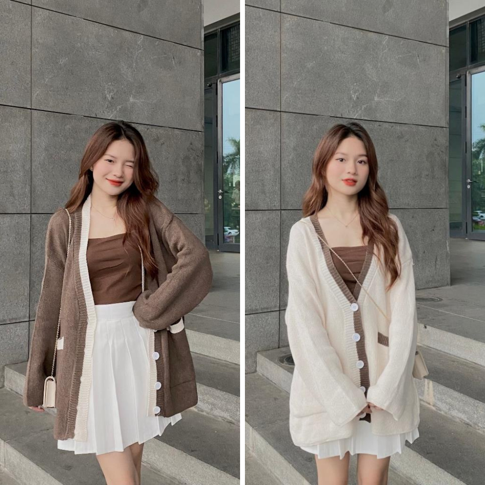 Áo khoác cardigan , áo khoác len cardigan dáng dài màu be màu nâu túi trước hoạ tiết kẻ vải len dệt kim QCCC loại 1