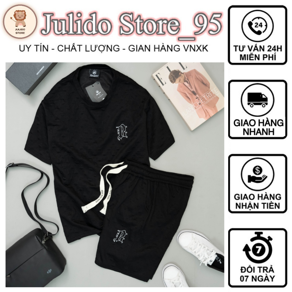 Bộ quần áo cọc chữ B,Bộ xốp nam Nữ dập vân nổi thêu chữ B cao cấp,áo tay ngắn quần short dáng rộng thời trang Phối Dây