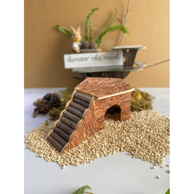Hầm trú hamster ngũ giác kèm thang gỗ thông nguyên vỏ