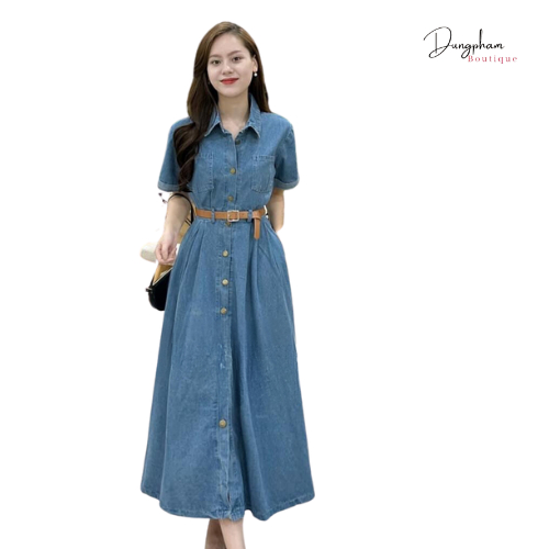 Váy đầm jeans cổ đức cộc tay túi ngực dáng xoè dài kèm đai - Anna.Store