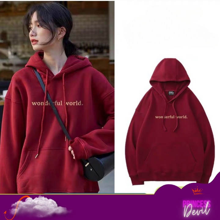 Áo hoodie chui nỉ cotton lót bông có mũ cổ tròn dài tay form rộng màu đỏ W hottrend thu đông DELIZ