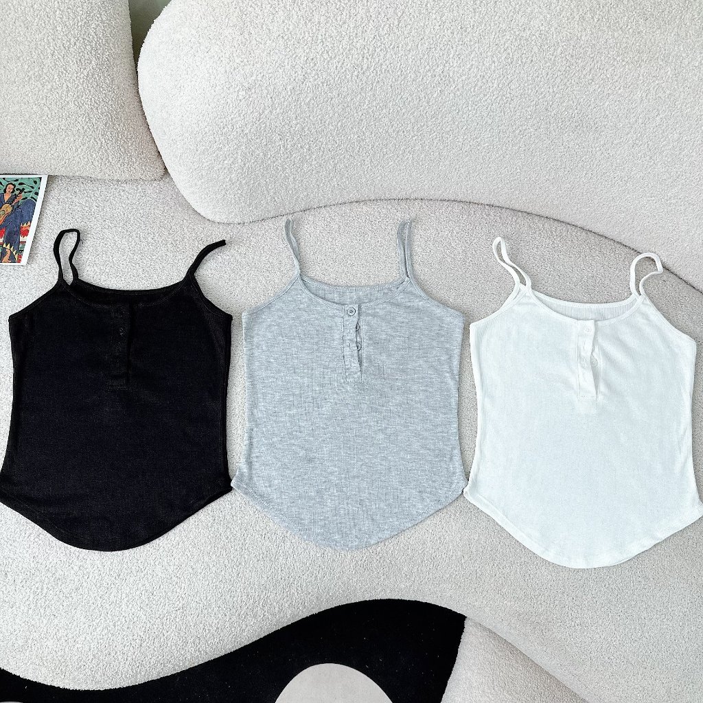 Áo Tank Top LALISA Áo Ôm Body Sexy Gợi Cảm Hai Dây Có Nút Ba Màu Đen Trắng Xám Chất Gân Tăm Phù Hợp Đi Chơi AO013
