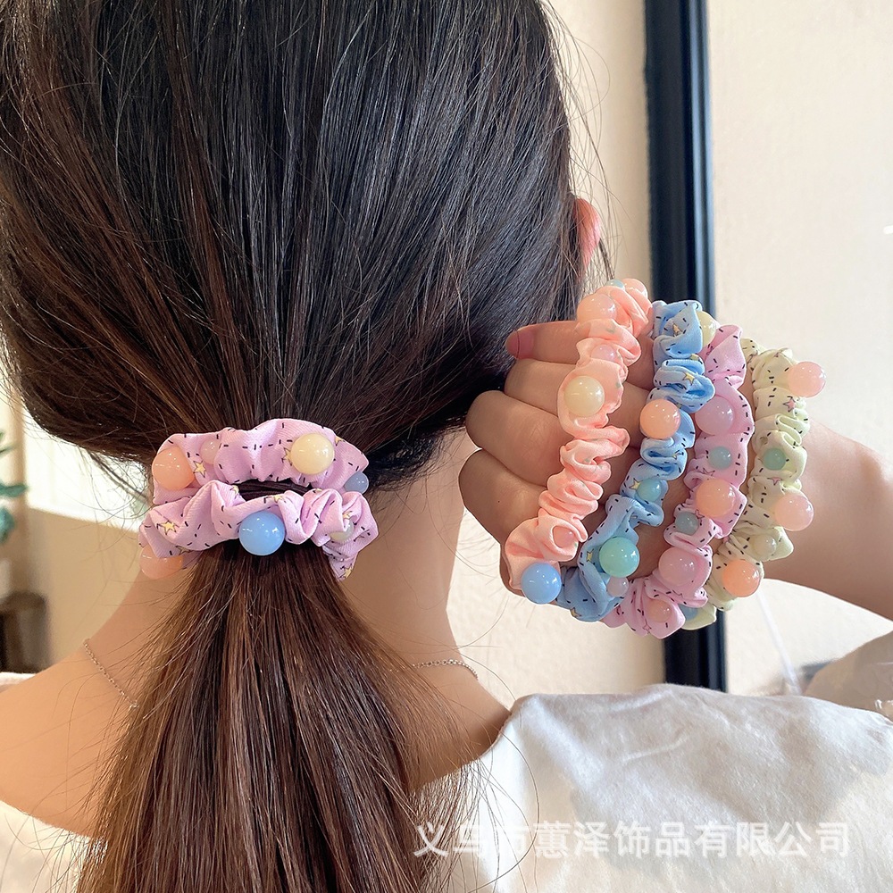 Vòng/Dây buộc tóc scrunchies họa tiết đáng yêu gắn ngọc thạch phong cách Hàn Quốc - Hàng cao cấp
