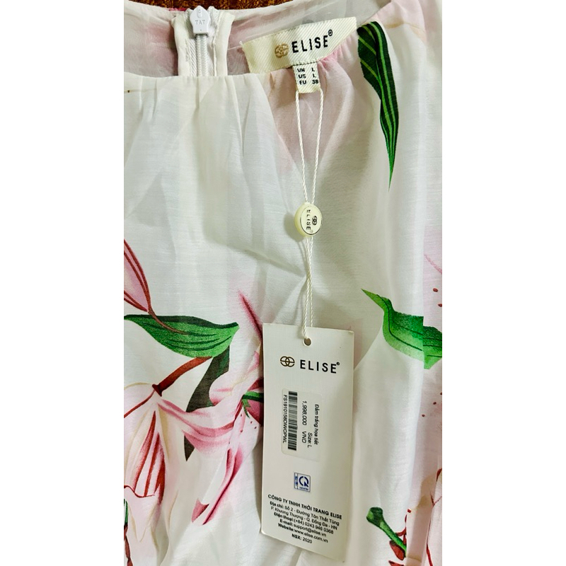 ELISE - Thanh lý đầm tơ trắng họa tiết, Size L, Newtag