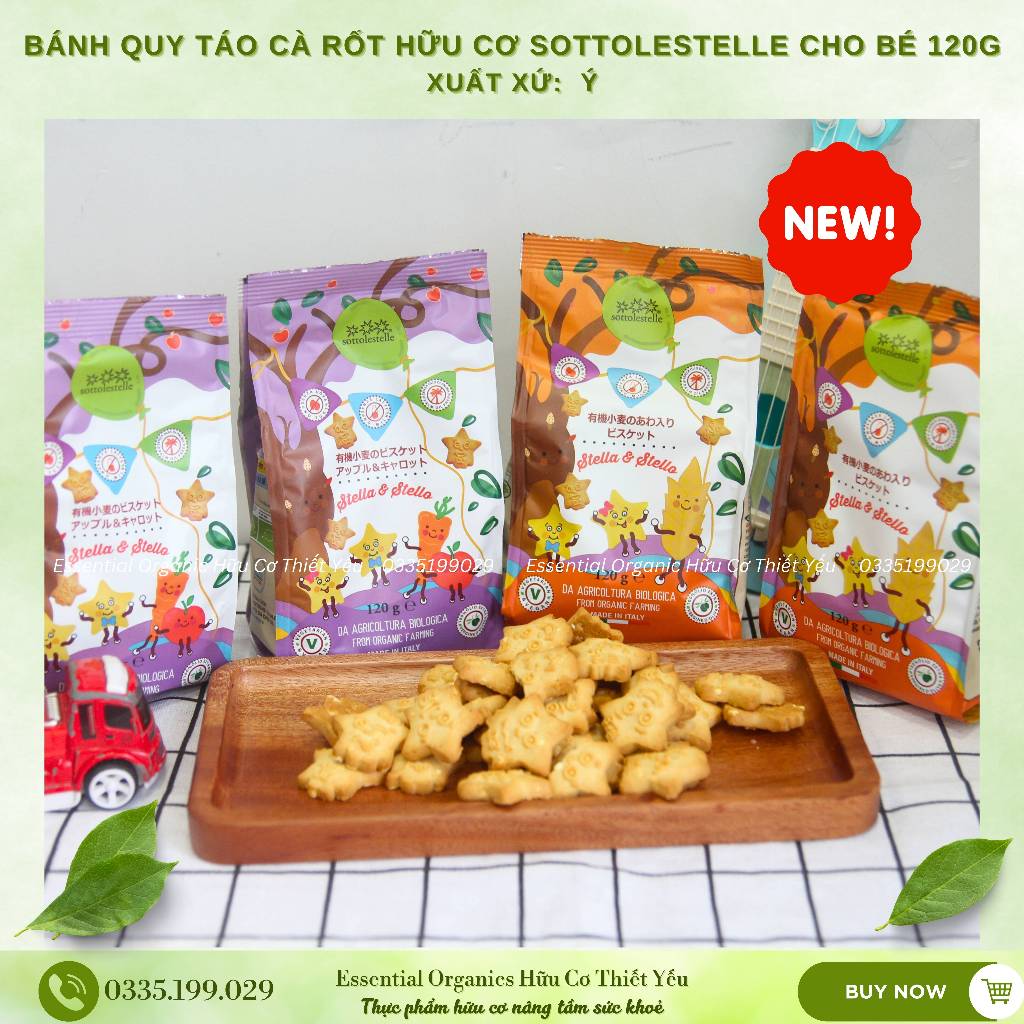 Bánh quy hạt kê, bánh quy táo cà rốt hữu cơ Sottolestelle 250g, bánh quy hữu cơ organic, bánh ăn dặm cho bé