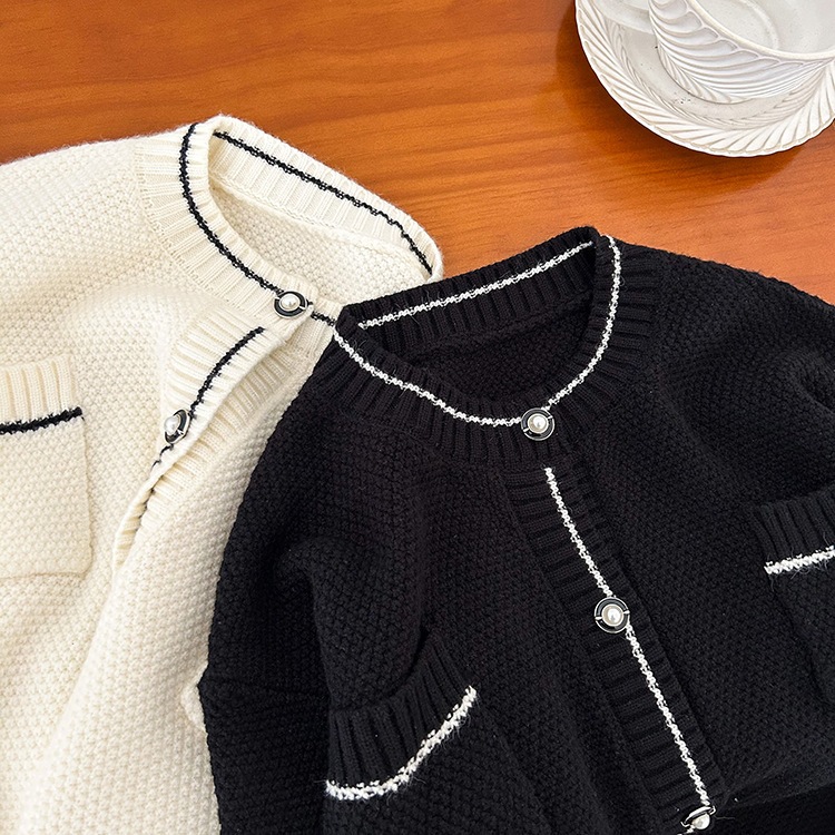 Aó Bé Gái Cadigan Len Dệt kim Mùa Thu Đông,Phong Cách Tiểu Thư Màu Đen, Hãng Ambb Kids