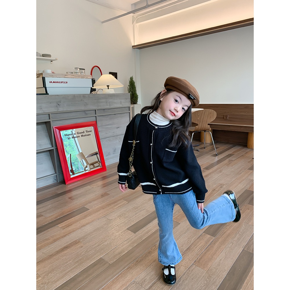 Aó Bé Gái Cadigan Len Dệt kim Mùa Thu Đông,Phong Cách Tiểu Thư Màu Đen, Hãng Ambb Kids