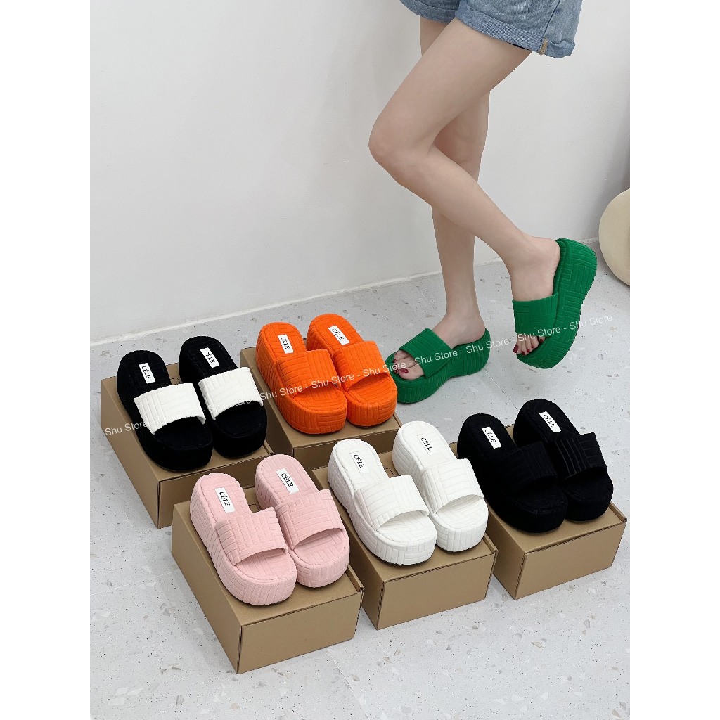 Dép đế xuồng nữ Shu Store dép bánh mì 7cm quai ngang chất vải len mẫu mới hotrend 2023