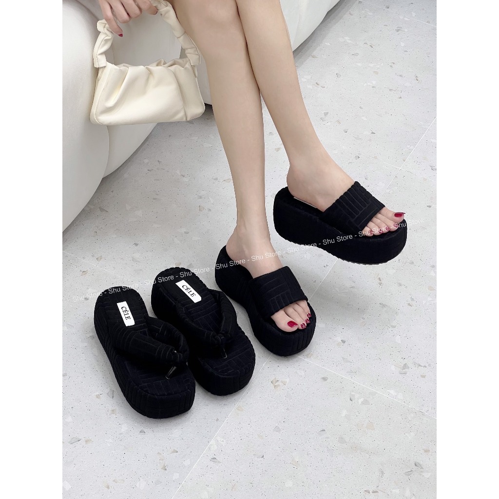 Dép đế xuồng nữ Shu Store dép bánh mì 7cm quai ngang chất vải len mẫu mới hotrend 2023
