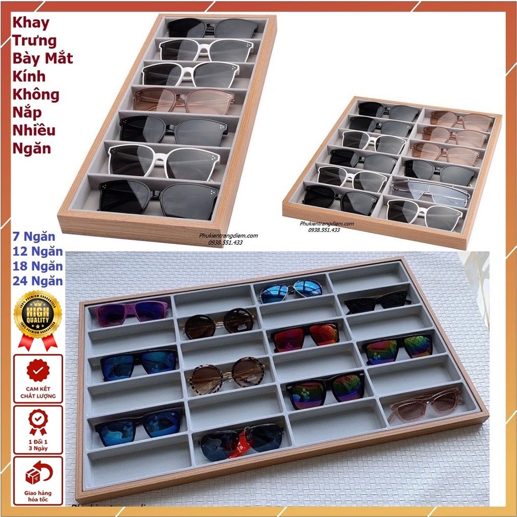 Khay Gỗ Trưng Bày Mắt Kính Không Nắp 7 Ngăn - 12 Ngăn - 18 Ngăn - 24 Ngăn Cao Cấp