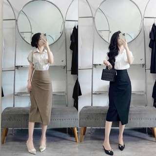SET đầm váy nữ áo sơ mi chất lụa phối giả túi kèm chân váy bút chì sẻ trước sang trọng dành cho công sở