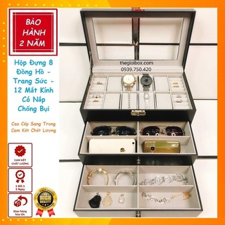Hộp Đựng 8 Đồng Hồ - 12 Ngăn Kính (3 Tầng) - Có Nắp Chống Bụi - Cao Cấp Sang Trọng