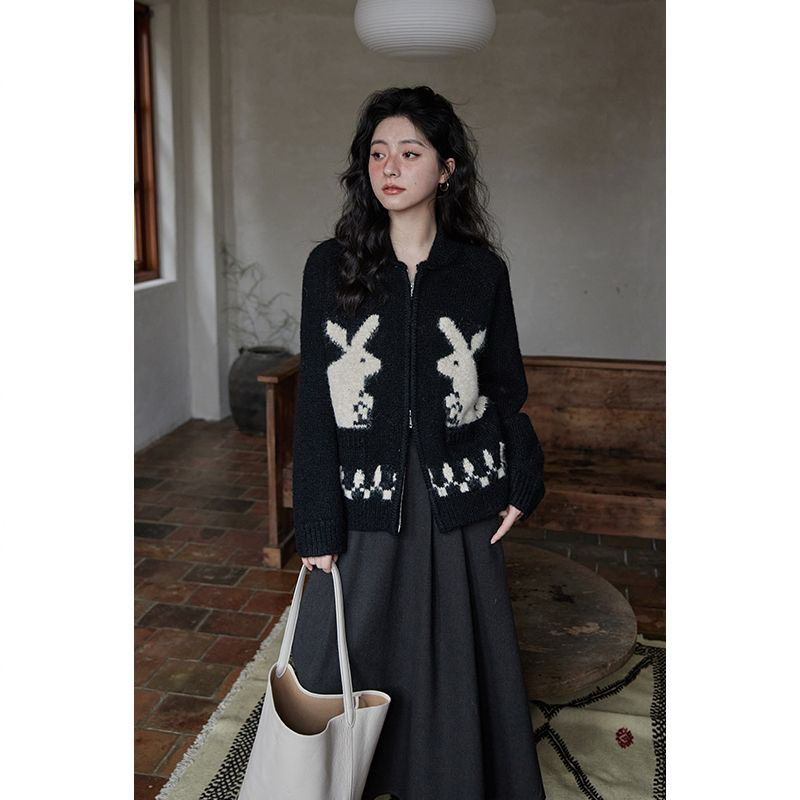 Áo khoác cardigan len tay dài dáng rộng hình thỏ thời trang